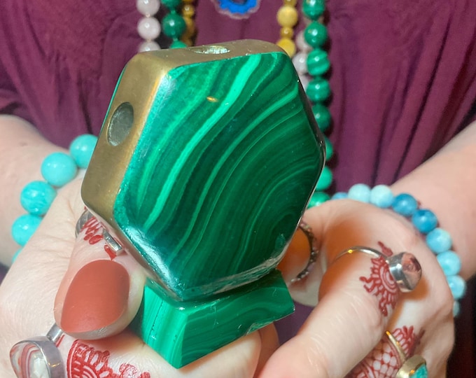 Vintage Malachite French Art Deco Pen Holder ~ 5 1/2 oz. ~ 2" Tall ~ Hexagon with Brass Trim Hand Made Green Swirling Bullseye Patterns