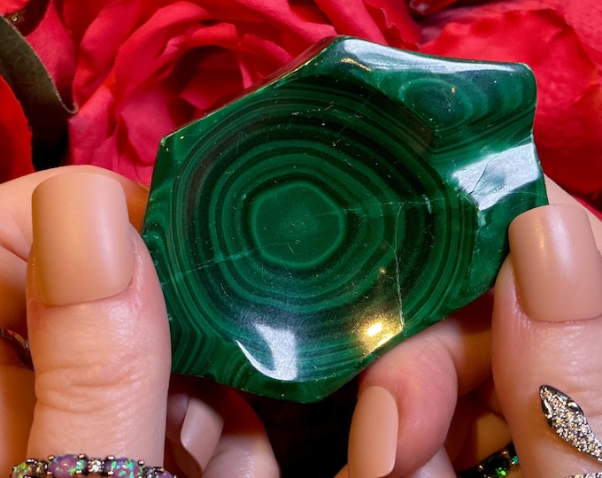 Malachite Crystal 4 oz. Bowl ~ 3" Long ~ Vintage Swirling Bulls Eye Patterns