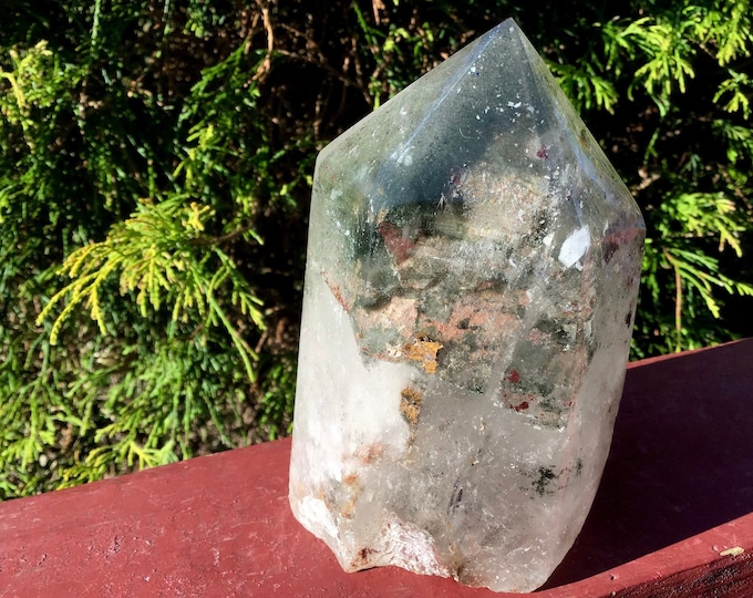 Clear Quartz Chlorite Crystal Generator ~ Large 1 lb. 15 oz. ~ 4 1/2" Tall ~ Ancient Sand Inclusions ~Green & Red Phantoms