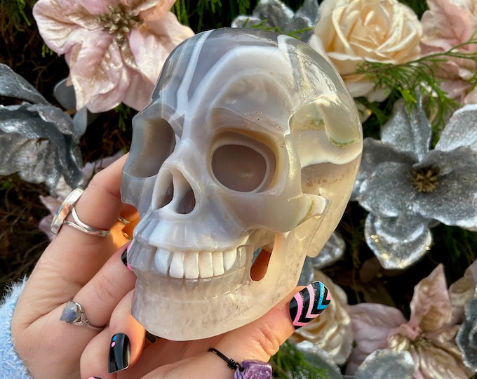 Blue Gray Agate Crystal Skull ~ 2 Lb. 12 oz. ~ 5" Long ~ Swirling Blue & White Colors ~ Expertly Hand-Carved Display Sculpture