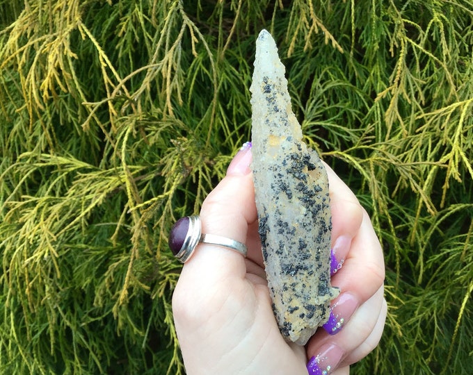 Frosted Quartz Crystal Wand ~ Big 2 oz. ~ 4" Long ~ Black Tourmaline, Sparkly Spiky Hybrid Mineral ~ Meditation Stone,