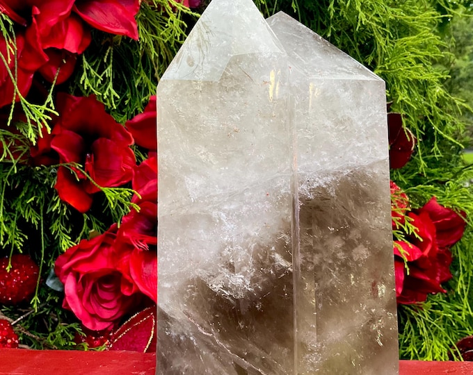 Clear Quartz Crystal Twin Flame Generator ~ Large 12 Lb. ~ 9" Tall ~ Double Point Tower ~ Smokey Phantom Inclusions ~ Free & Fast Shipping ~