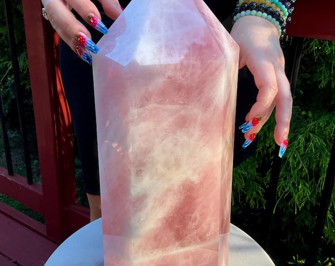 Rose Quartz Crystal Generator ~ 23 Lb. ~ 15" Tall ~ Swirling Pink & White Colors ~ Altar, Reiki, Feng Shui, Décor, Tower Pillar Display