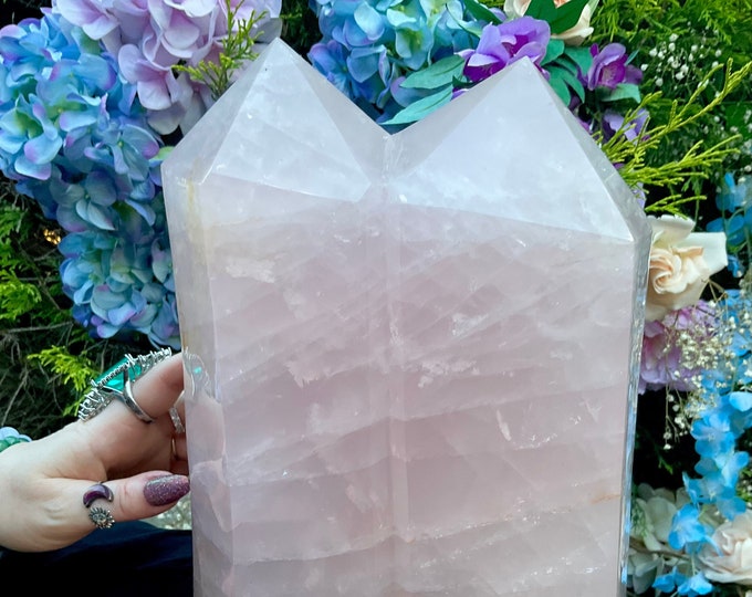 Rose Quartz Twin Flame Crystal Generator ~ Large 20 lb. ~ 10" Tall Double Point Tower ~ Pillar ~ Reiki Feng Shui Décor ~ Fast Shipping