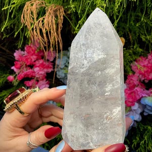 Large Clear Quartz Crystal Generator: Brazilian Rainbow Inclusions, 6&quot; Tower