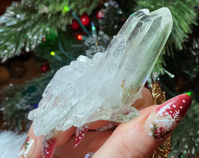 Clear Quartz Crystal Cluster ~ 2.5 oz. ~ 3" Long ~ Green Chlorite Inclusions