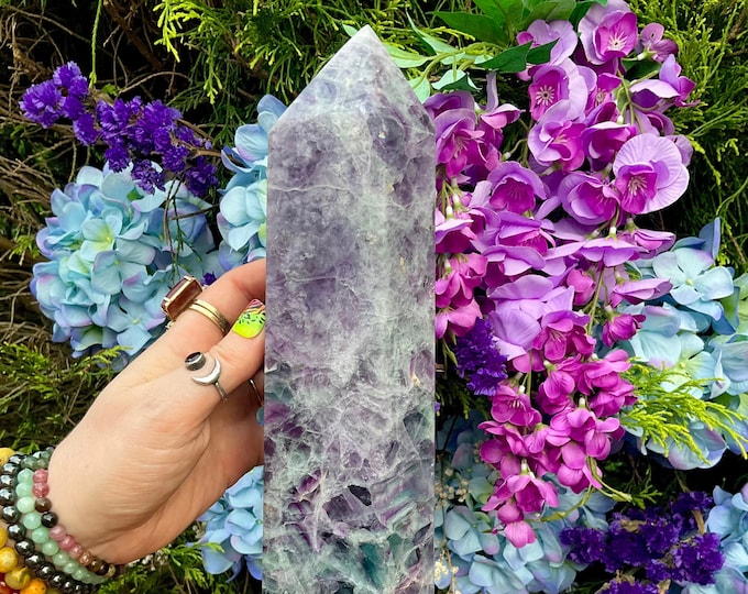 Rainbow Fluorite Crystal Generator ~ 7 Lb. 2 oz. ~ 12" Tall ~ Large Tower ~ Sparkling Purple, Green, White and Blue Colors