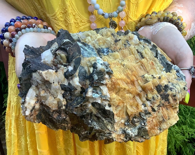 Yellow Tourmaline Crystal Cluster ~ Large 6 Lb. 11 oz. ~ 6 1/2" Long ~ Gemmy Colorful Golden Bands with Mica and Black Tourmaline Crystals
