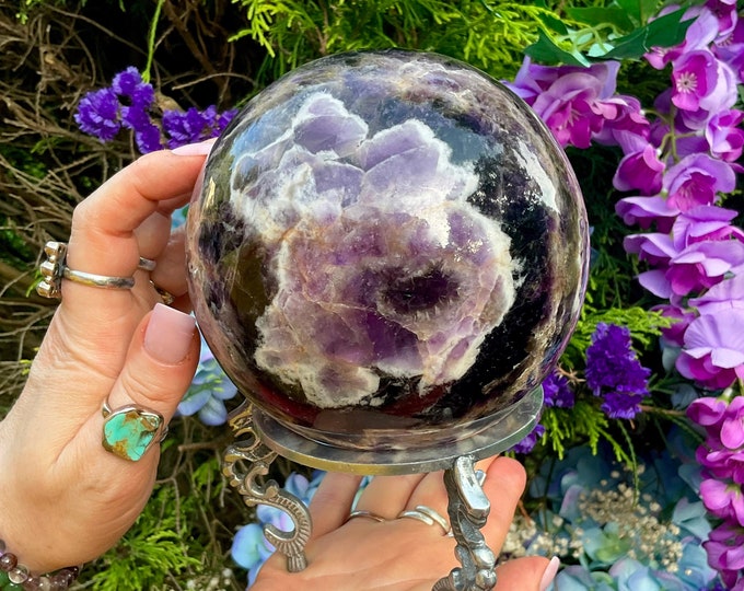 Chevron Amethyst Crystal Ball with Display Stand: 5 Lb, 4.5" Wide