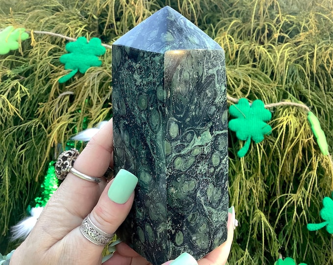 Kambaba Jasper Crystal Generator ~ Large 2 Lb. 5 oz. ~ 6" Tall Tower ~ Black & Green Colors ~ Reiki, Feng Shui Décor ~ Fast Shipping