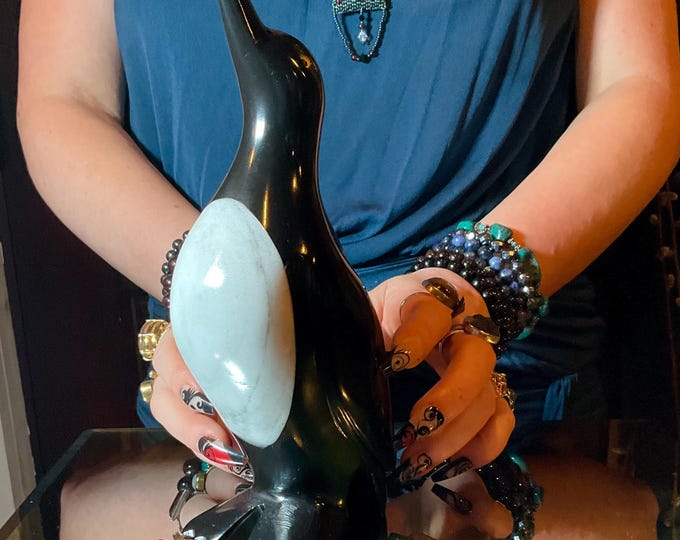 Black Obsidian Penguin with a White Quartz Body ~ 3 Lb. ~ 9" Tall ~ Vintage Hand Carved Spirit Totem Animal ~ Free Shipping, U.S.A. ~