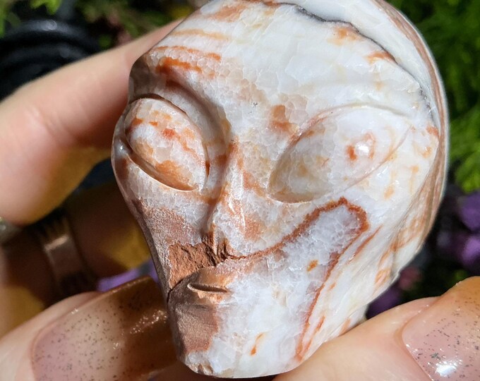 Banded Calcite Crystal Mini Skull ~ 5 oz. ~ 2" Long ~ Sparkling Pink, White, Gold & Black Colors ~ Expertly Hand-Carved Display Sculpture