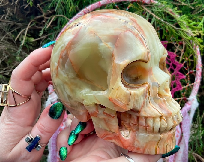 Afghan Jade Crystal Skull ~ Large 2 Lb. 15 oz. ~ 5" Long ~ One-of-a-Kind ~ Swirling Green Gold and Beige Colors~ Hand Carved Sculpture
