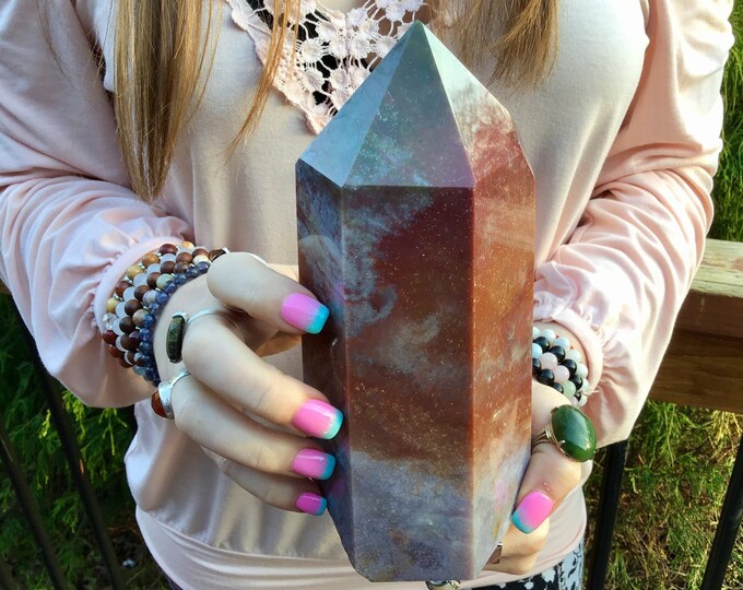 Bloodstone Crystal Generator ~ Large 3 Lb. 6 oz. ~ 7" Tall Tower ~  Green, Red Colors ~ Beautiful Inclusions ~ Reiki, Altar Display