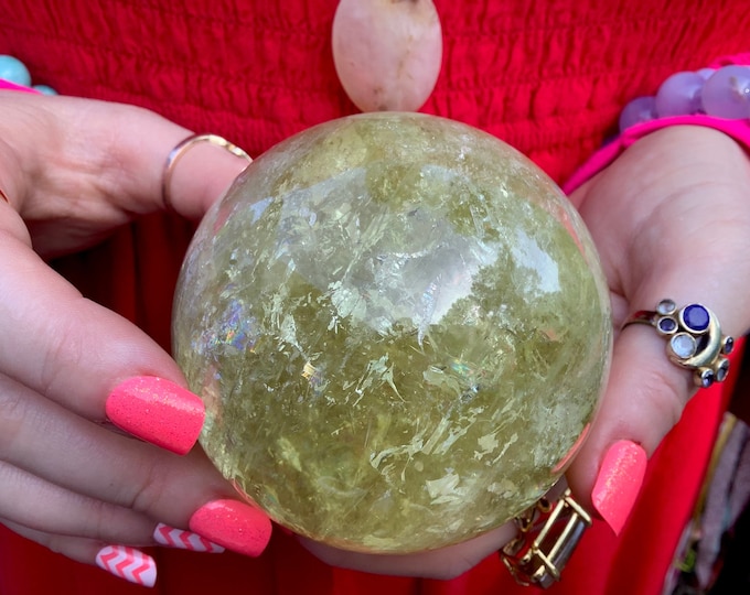 Citrine Crystal Ball ~ Large 1 Lb. 6 oz. ~ 3" Wide ~ Sparkling Rainbow and Prism Inclusions ~ Natural Golden Yellow Color ~ Fast Shipping ~