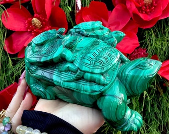 Malachite Large 10 lb. 7 oz. Vintage African Turtle with 5 Babies ~ 8" Long ~ Totem Animal ~ Hand Carved with Great Detail Form Congo Africa