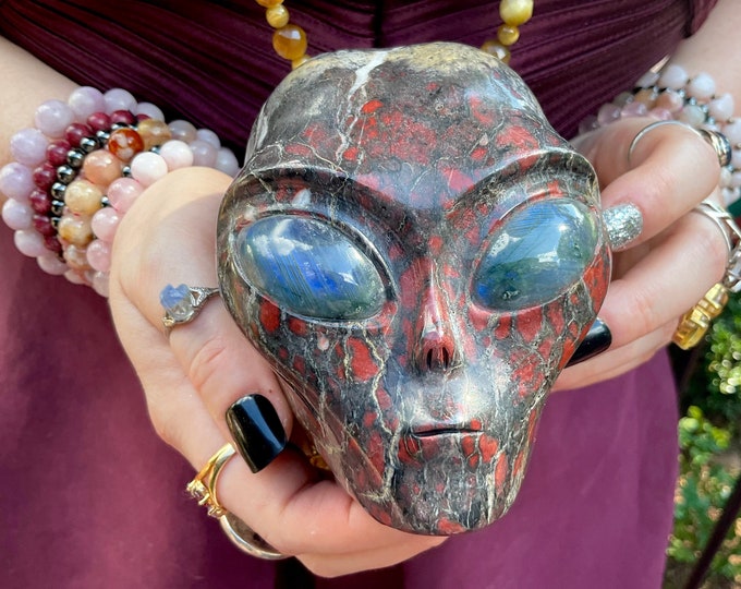 Brecciated Red Jasper Alien Crystal Skull ~ Large 2 Lb. 15 oz. ~ 4" Long ~ w/ Labradorite Eyes ~One-of-a-Kind Color ~ Hand Crafted Sculpture