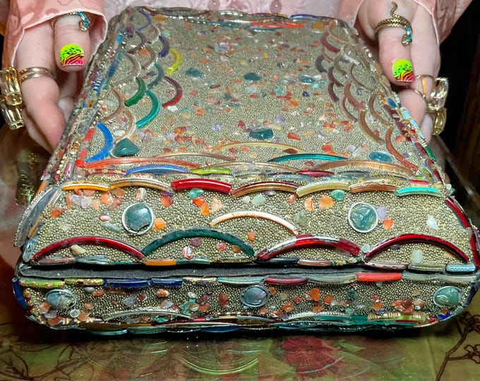 Vintage Agate Inlaid Moroccan Jewelry Box ~ Moorish Dome Top w/ Semi Precious Stones ~ 10" Long Handmade in Morocco