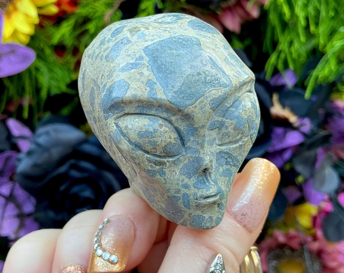 Blue Opal Alien Crystal Mini Skull ~ 5 oz. ~ 2" Long ~ Sparkling Blue & Gray Gemstone ~ Hand-Carved Sculpture ~ Fast Free Shipping