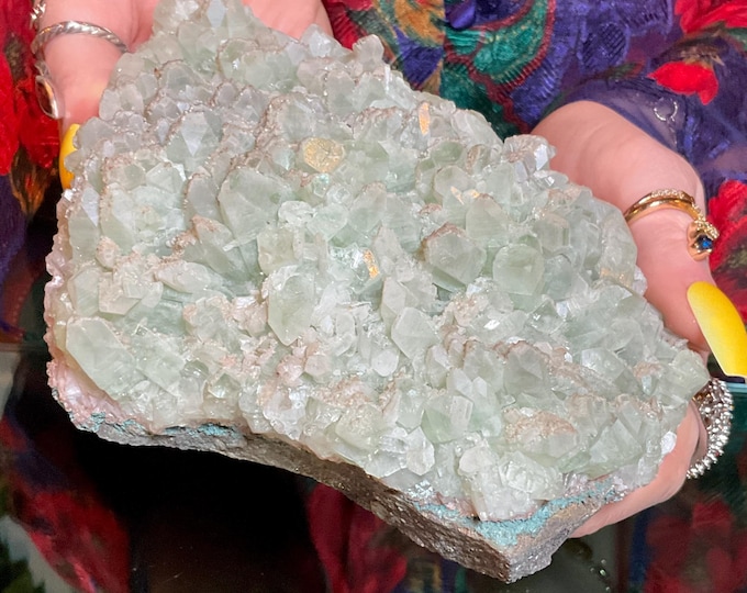 Green Apophyllite Large Crystal Cluster ~ 2 lb. 5 oz.~ 6" Long ~ Sparkling Cubic Mint Green Formation ~ Metaphysical Home Decor