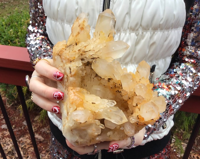 Elestial Golden Healer Crystal Quartz Large 5 lb. 15 oz. Cluster ~ 8" Long ~ Big Sparkling Points Rare Meditation Display ~ Fast Shipping