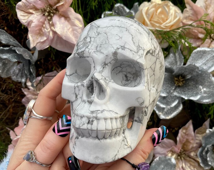 Hand Carved Howlite Crystal Skull: 3 Lb, 5" Long