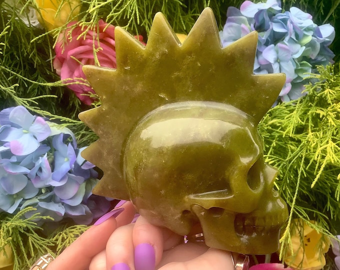 Jade Punk Rock Crystal Skull ~ 1 Lb. 6 oz. ~ 5" Long ~ Swirling Greens with Colorful Patterns Throughout ~ Hand-Carved Display Sculpture
