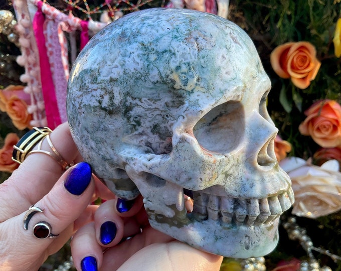 Agate Crystal Skull ~ 2 Lb. 12 oz. ~ 5" Long ~ Swirling Sparkling White, Green, Lilac colors ~ Expertly Hand-Carved Display Sculpture
