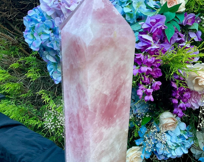 Rose Quartz Crystal Generator ~ Large 15 Lb. 8 oz. Tower ~ 14" Tall ~ Swirling Pink & White Colors ~ Reiki, Feng Shui, Altar, Pillar Display