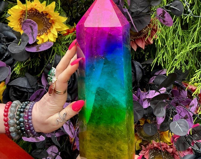 Rainbow Aura Fluorite Crystal Generator ~ 9 lb. 11 oz.~ 10" Tall Tower ~ Colorful Pink Blue Green Yellow Color ~ Fast & Free Shipping U.S.A.