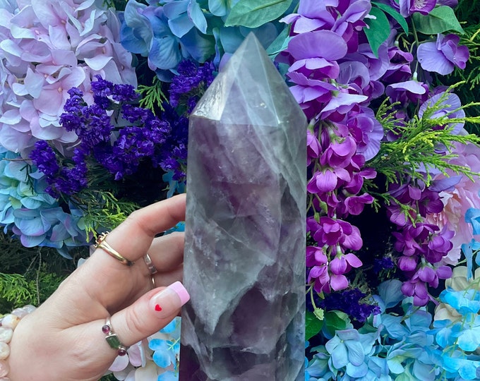 Rainbow Fluorite Crystal Generator ~ Large 4 lb. 7 oz. ~ 9" Tall Tower ~ Free-Standing ~ Purple Green & White Colors ~ Fast Free Shipping
