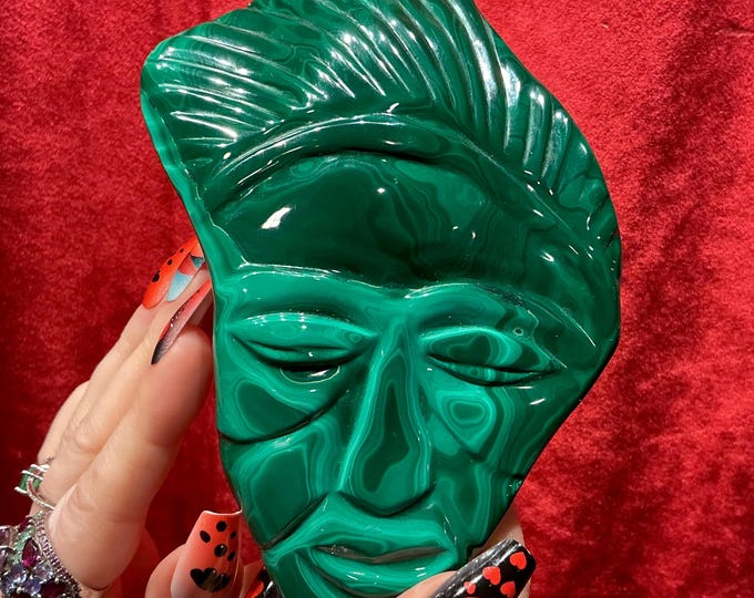 Malachite 1 Lb. 4 oz. Vintage Mask ~ 6" Long ~ Hand Carved Display Green Crystal