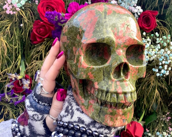 Unakite Crystal Skull ~ 8 Lb. 2 oz. ~ 6" Long ~ Colorful Green Epidote, Pink Orthoclase & Quartz Inclusions ~ Metaphysical Home Decor, Altar