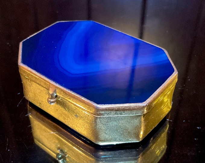 Blue Banded Agate Pill/Trinket Box Gold Metal ~ 2" Long ~ Vintage Two-Sided Display Box ~ Swirling Transparent Blue Colors