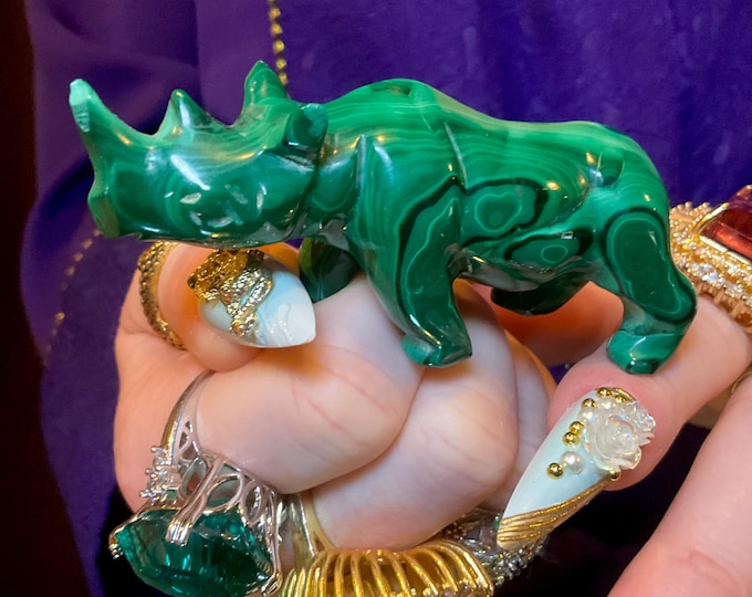 Malachite Crystal Rhinoceros Carving ~3 oz. ~ 3" Long ~ Hand Carved & Polished from Africa Congo ~ Altar, Reiki Display