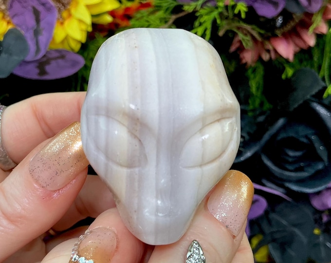 Chalcedony Alien Crystal Mini Skull ~ 6 oz. ~ 2" Long ~ Sparkling White & Blue Gemstone ~ Hand-Carved Sculpture ~ Fast Free Shipping