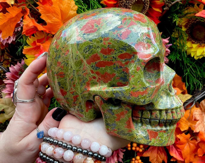 Unakite Crystal Skull ~ 8 Lb. 2 oz. ~ 6" Long ~ Colorful Green Epidote, Pink Orthoclase and Quartz Inclusions ~ Hand-Crafted Sculpture
