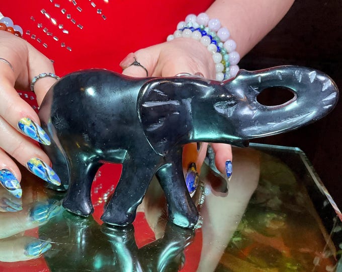 Black Obsidian Crystal Elephant ~ 1 Lb. 3 oz. ~ 6" Long ~ Vintage Hand Carved Spirit Animal Totem ~ Fast & Free Shipping, USA