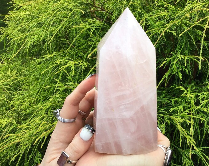 Rose Quartz Crystal Generator ~ Large 2 Lb. ~ 6" Tall Tower ~ Swirling Pink & White Colors ~ Free Shipping