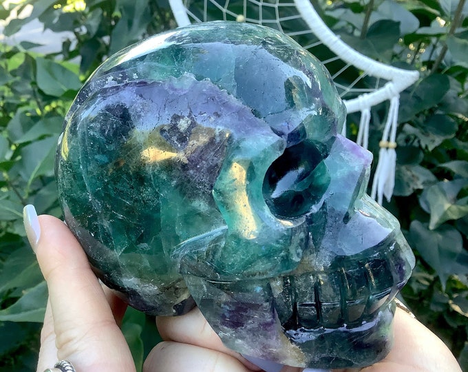 Fluorite Crystal Large 2 Lb. 13 oz. Skull ~ 4" Long~ Hand Carved ~ Translucent Rainbow Blue, Green Clear Crystal Sculpture ~ Free Standing