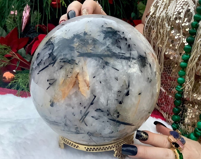 Tourmaline Quartz Crystal Ball ~  Large 14 lb. ~ 6" Wide ~ Golden Healer ~ With Antique Brass Display Stand ~ Fast Shipping ~ Home Decor