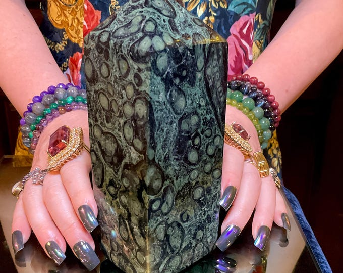 Kambaba Jasper Crystal Generator ~ Large 3 Lb. 2 oz. ~ 7" Tall Tower ~ Black & Green Colors ~ Reiki, Feng Shui Décor ~ Fast Shipping