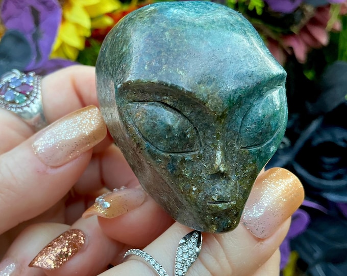 Kyanite with Garnet Alien Crystal Mini Skull ~ 7 oz. ~ 2" Long ~ Sparkling Green Gold & Blue Gemstone ~ Hand-Carved Sculpture Fast Shipping