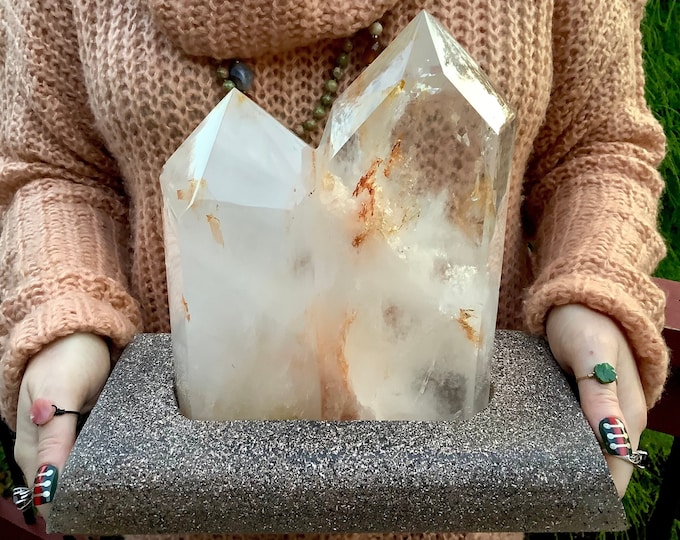 Clear Quartz Crystal Twin Flame Generator ~ Large 9 lb. ~ 9" Tall Double Point ~ Custom Wood Stand ~ Fast & Free Shipping
