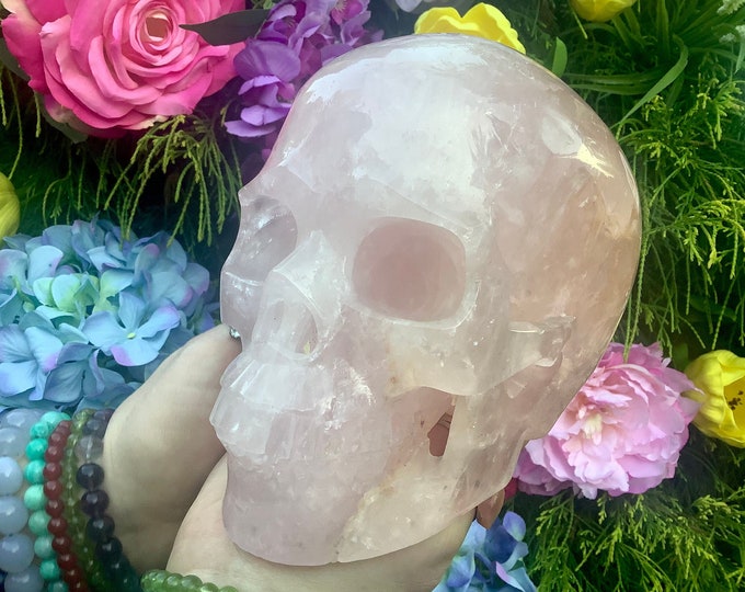 Rose Quartz Crystal Skull ~ Large 7 Lb. 8 oz. ~ 6" Long ~ Hand Crafted Sparkling Pink & White Sculpture ~ Fast and Free Shipping from U.S.A.