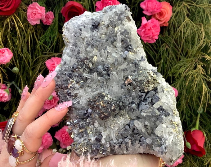 Quartz Crystal Cluster ~ 3 lb. 14 oz. ~ 7 1/2" Long ~ with Sparkling Clear Pyrite, Black Tourmaline & Galena Stunning Clear Points on Matrix
