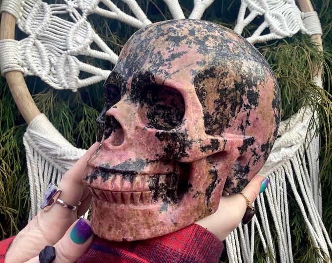 Rhodonite Crystal Skull ~ 9 Lb. 9 oz. ~ 7" Long ~ Expertly Hand Carved Life Size Sculpture ~ Sparkling Pink & Black Colors