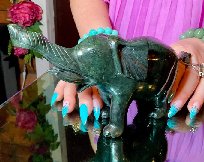 Vintage Hand Carved Verdite Elephant Large 2 Lb. 3 oz. ~ 7" Long ~ Hand Carved ~ Animal Totem, Altar, Reiki Display