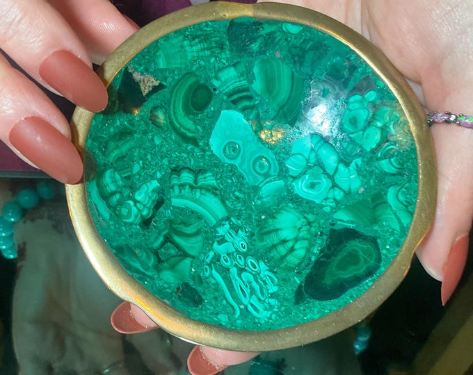Vintage Malachite Bowl - 4" Round ~ Copper Trim ~ Hand Made and Carved ~ Green Swirling Bullseye Colors ~ Fast & Free Shipping