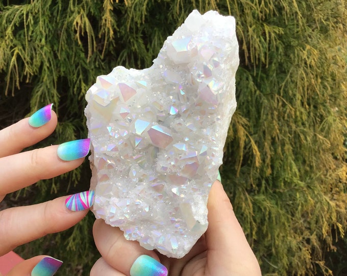 Angel Aura Quartz Crystal Large 11.7 oz. Cluster ~ 4" Long ~ Electric Pearlescent White Rainbow Iridescent Sparkling Points ~ Fast Shipping